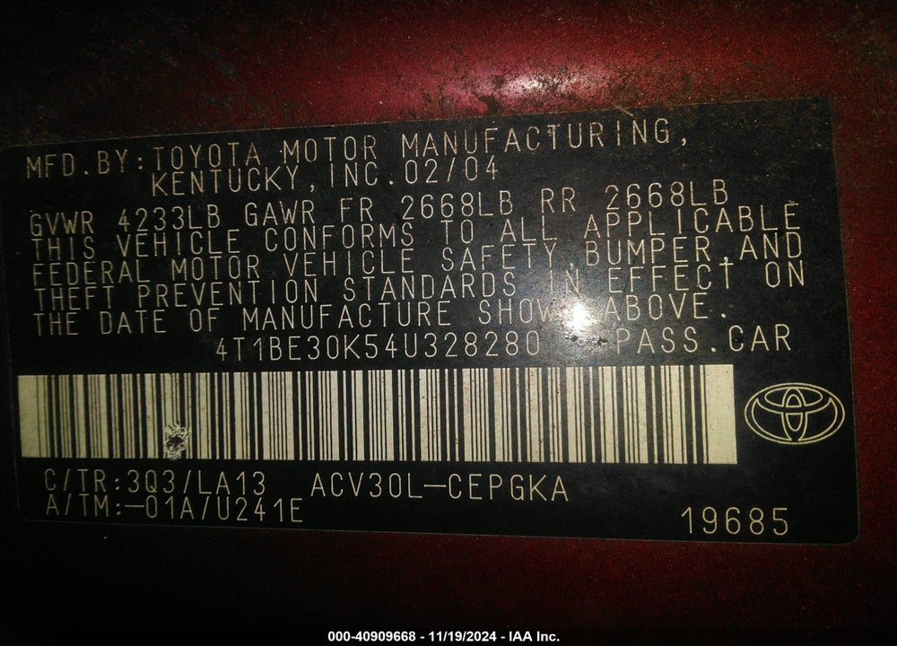 2004 TOYOTA CAMRY XLE VIN: 4T1BE30K54U328280
