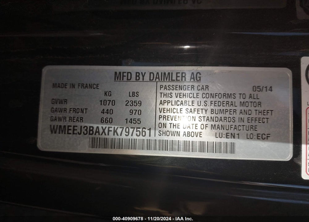2015 SMART FORTWO PASSION/PURE VIN: WMEEJ3BAXFK797561