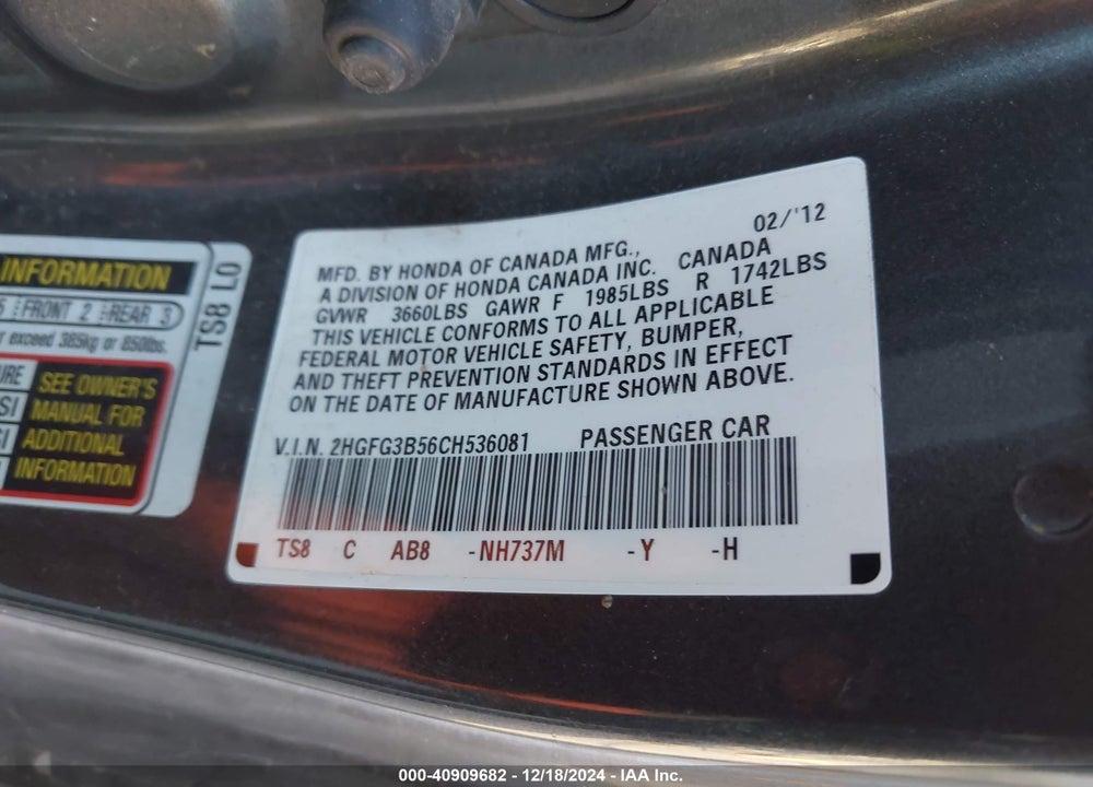 2012 HONDA CIVIC VIN: 2HGFG3B56CH536081