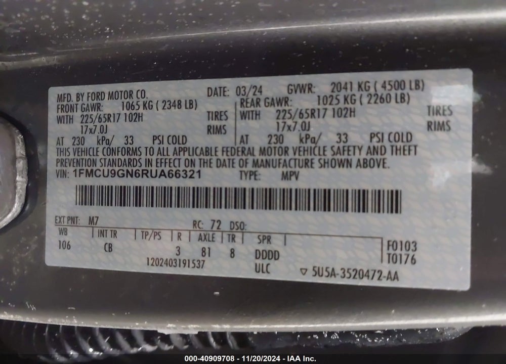 2024 FORD ESCAPE ACTIVE VIN: 1FMCU9GN6RUA66321