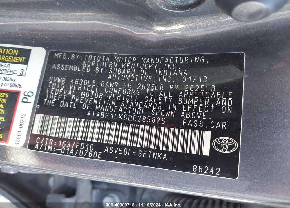 2013 TOYOTA CAMRY LE VIN: 4T4BF1FK6DR285826
