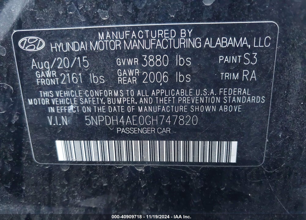 2016 HYUNDAI ELANTRA SE VIN: 5NPDH4AE0GH747820