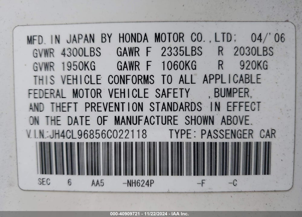 2006 ACURA TSX VIN: JH4CL96856C022118