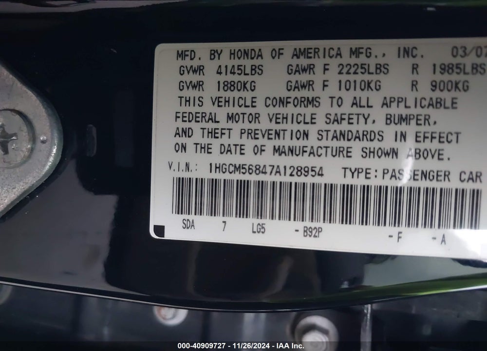 2007 HONDA ACCORD 2.4 EX VIN: 1HGCM56847A128954