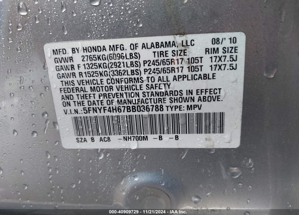 2011 HONDA PILOT EX-L VIN: 5FNYF4H67BB036788