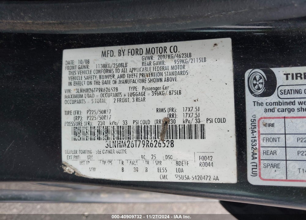 2009 LINCOLN MKZ VIN: 3LNHM26T79R626528