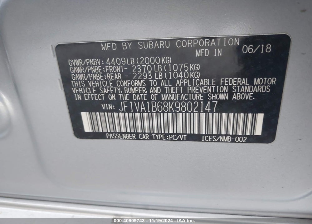 2019 SUBARU WRX PREMIUM VIN: JF1VA1B68K9802147