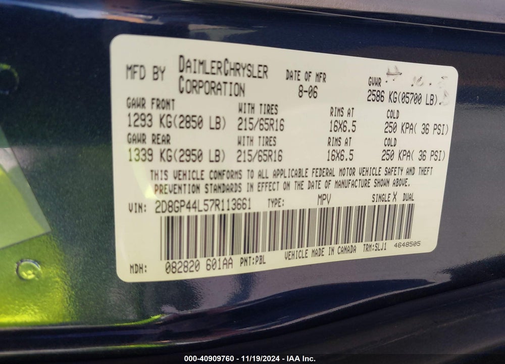 2007 DODGE GRAND CARAVAN SXT VIN: 2D8GP44L57R113661