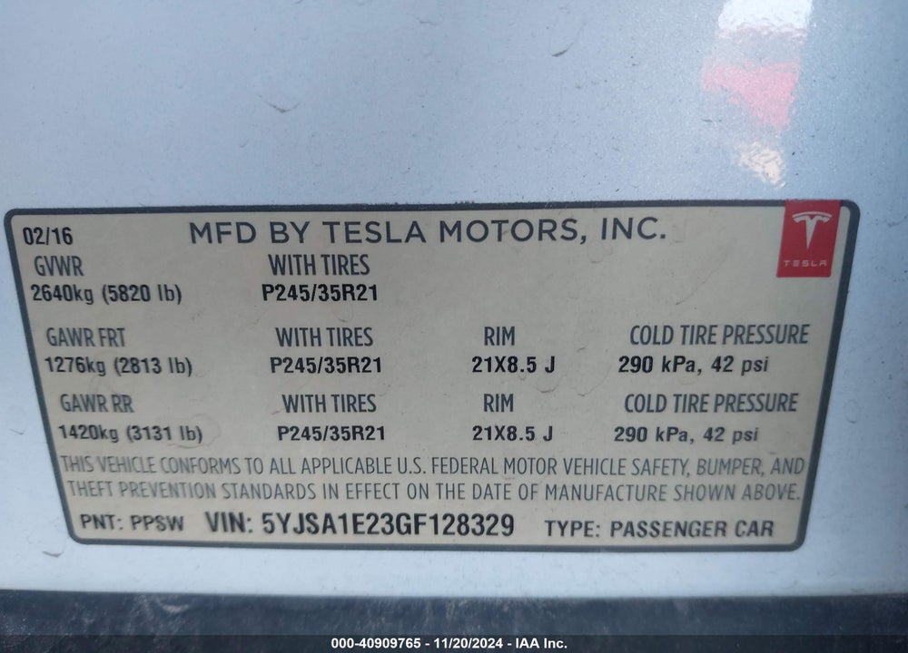 2016 TESLA MODEL S VIN: 5YJSA1E23GF128329