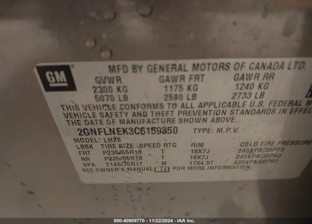 2012 CHEVROLET EQUINOX 2LT VIN: 2GNFLNEK3C6159350
