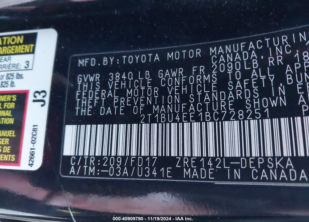 2011 TOYOTA COROLLA S VIN: 2T1BU4EE1BC728251