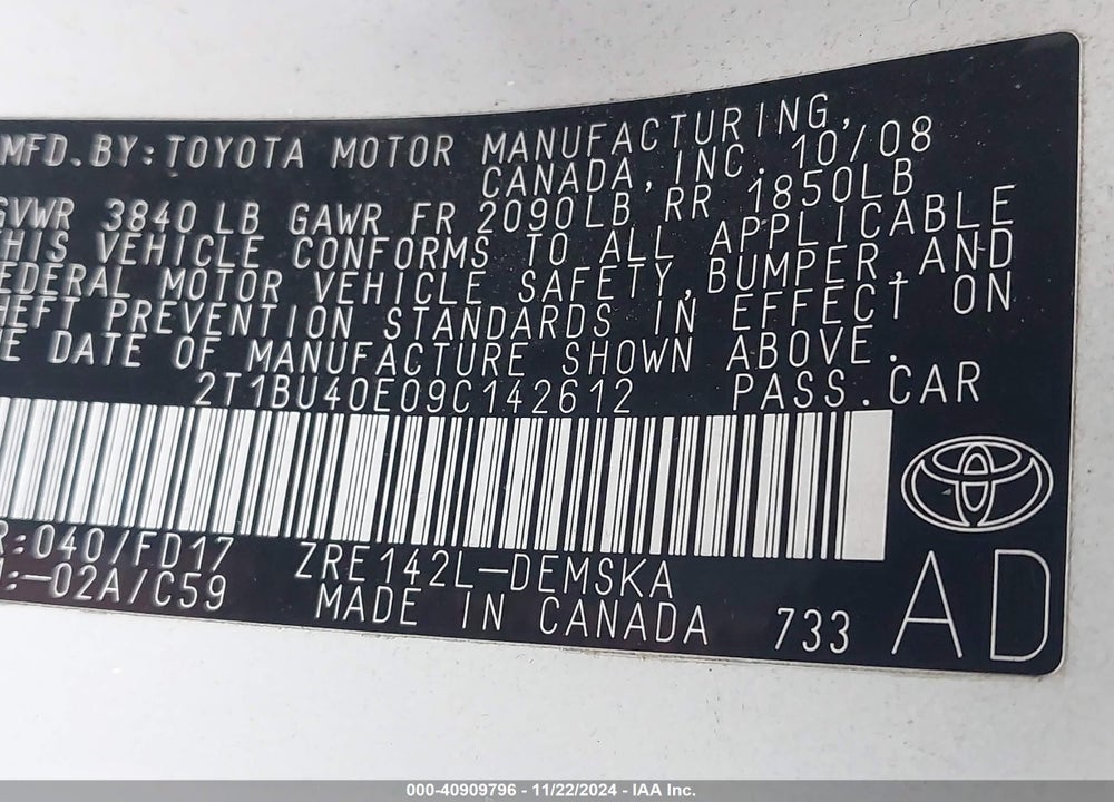 2009 TOYOTA COROLLA S VIN: 2T1BU40E09C142612