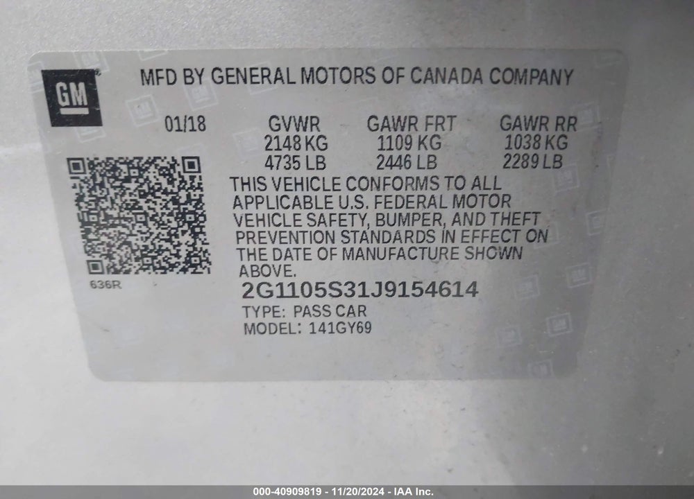 2018 CHEVROLET IMPALA 1LT VIN: 2G1105S31J9154614