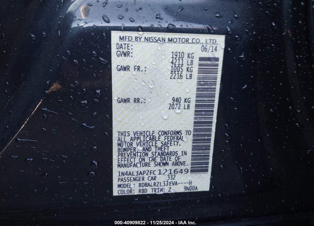 2015 NISSAN ALTIMA 2.5 SL VIN: 1N4AL3AP2FC121649