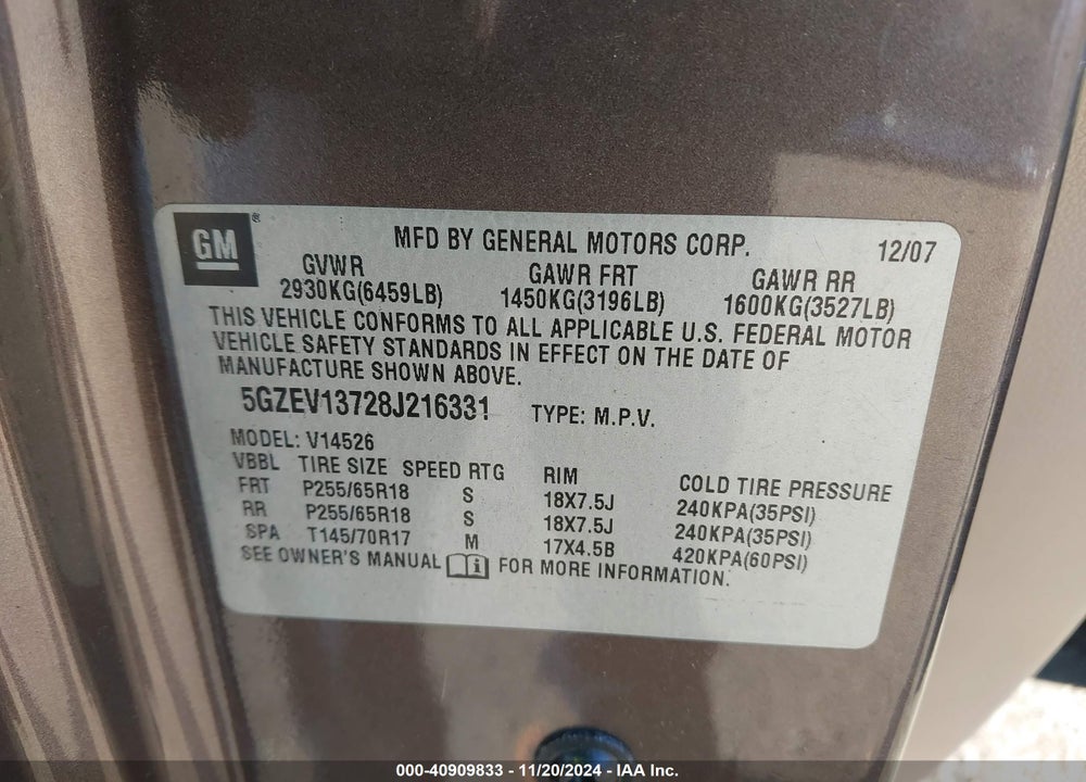 2008 SATURN OUTLOOK XE VIN: 5GZEV13728J216331
