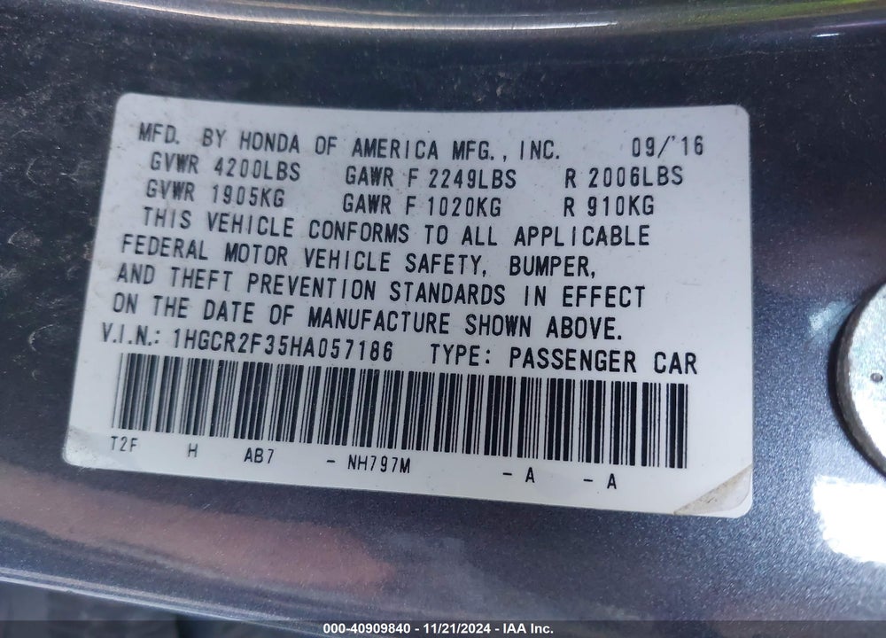 2017 HONDA ACCORD LX VIN: 1HGCR2F35HA057186