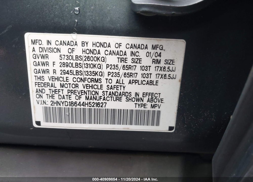 2004 ACURA MDX VIN: 2HNYD18644H521627
