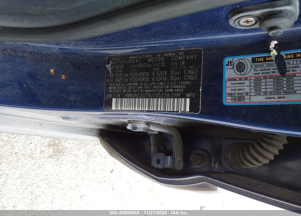 2005 HYUNDAI TUCSON GLS/LX VIN: KM8JN12D75U145219
