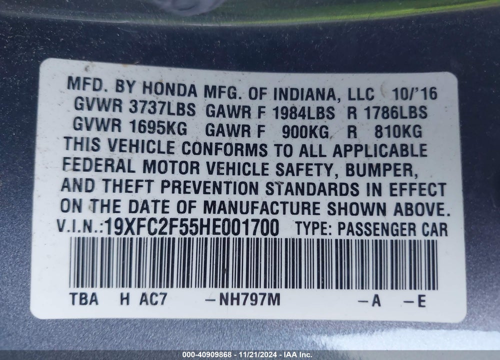 2017 HONDA CIVIC LX VIN: 19XFC2F55HE001700