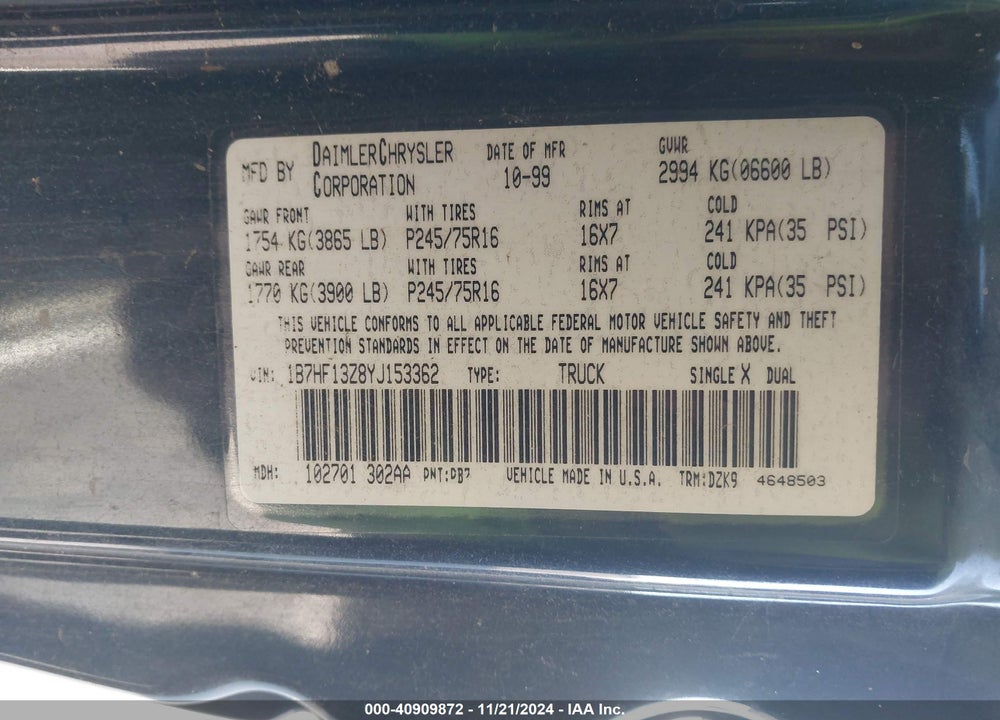 2000 DODGE RAM 1500 ST VIN: 1B7HF13Z8YJ153362