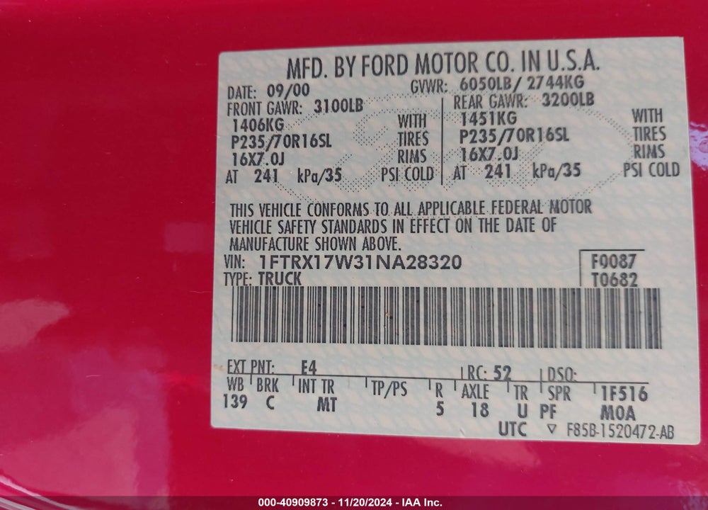 2001 FORD F-150 LARIAT/XL/XLT VIN: 1FTRX17W31NA28320