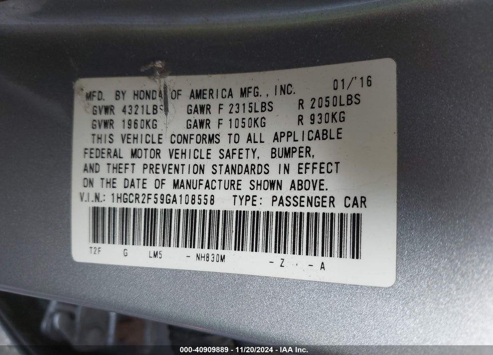 2016 HONDA ACCORD SPORT VIN: 1HGCR2F59GA108558