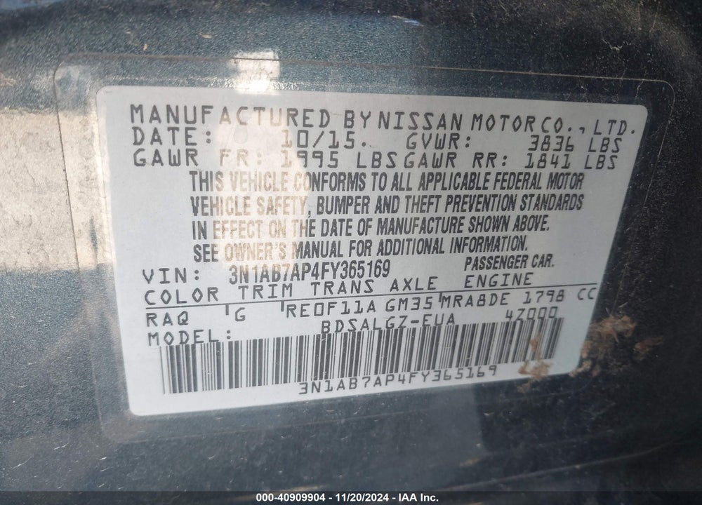 2015 NISSAN SENTRA SL VIN: 3N1AB7AP4FY365169