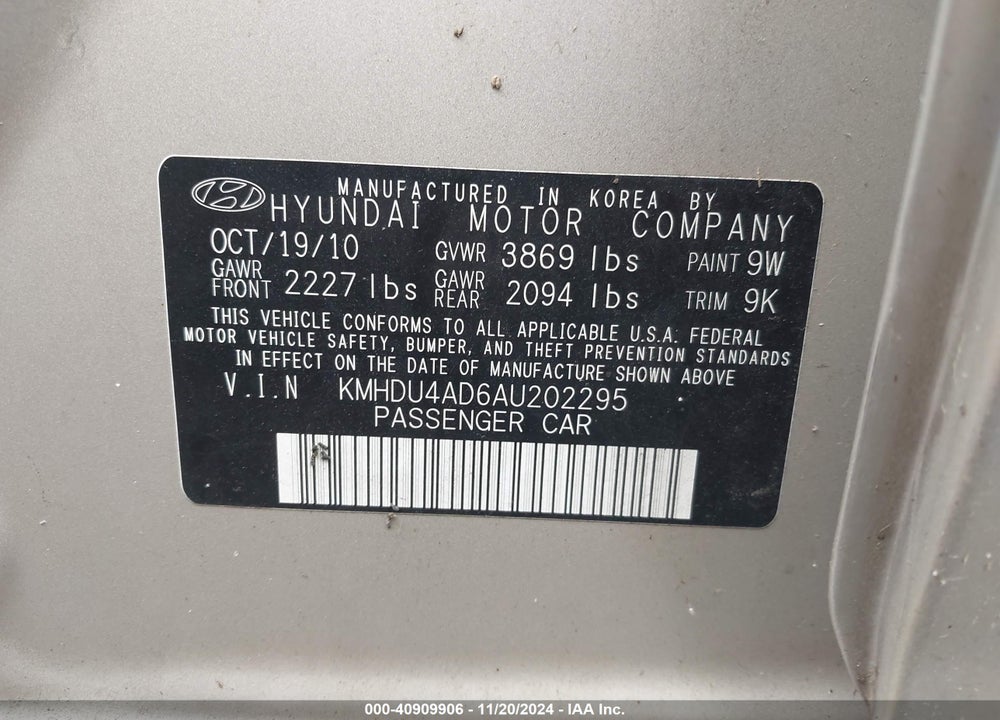 2010 HYUNDAI ELANTRA GLS VIN: KMHDU4AD6AU202295
