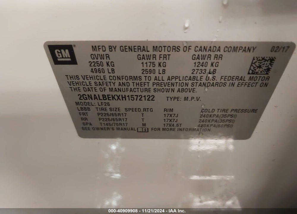 2017 CHEVROLET EQUINOX LS VIN: 2GNALBEKXH1572122