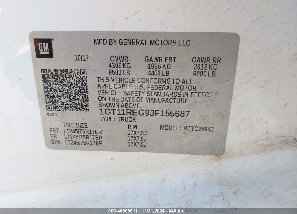 2018 GMC SIERRA 2500HD VIN: 1GT11REG9JF155687