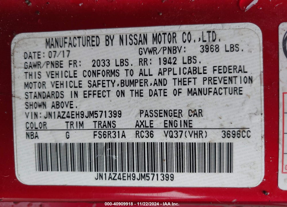 2018 NISSAN 370Z SPORT VIN: JN1AZ4EH9JM571399