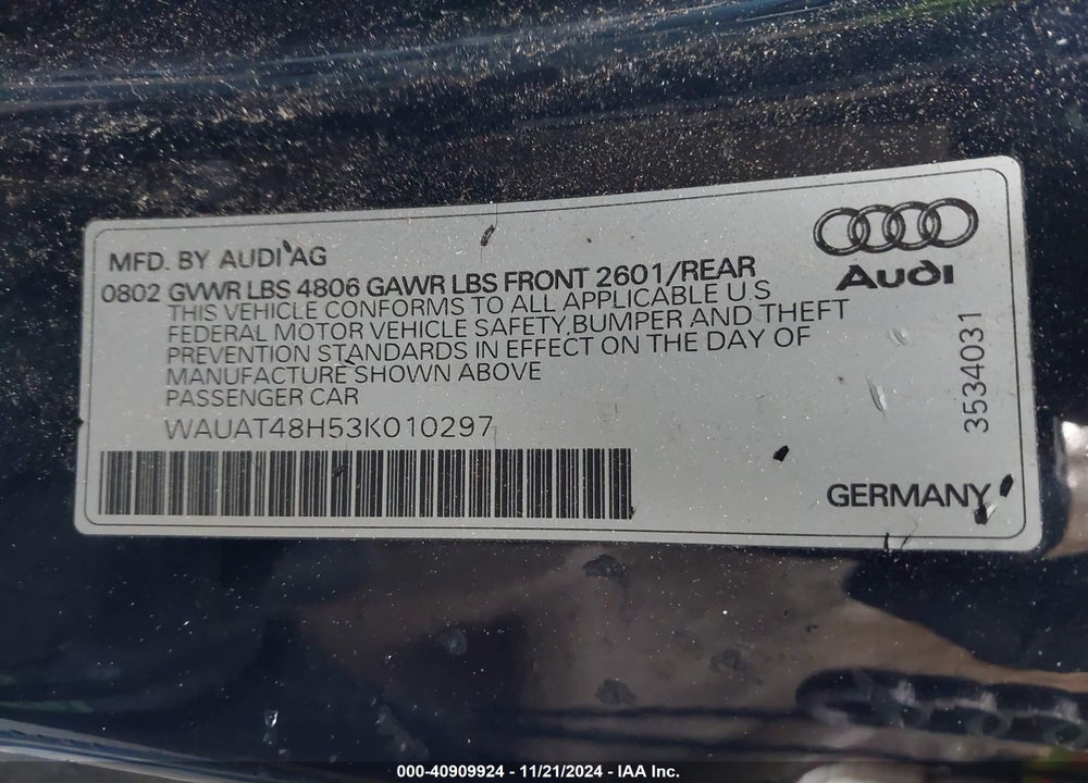 2003 AUDI A4 3.0 VIN: WAUAT48H53K010297