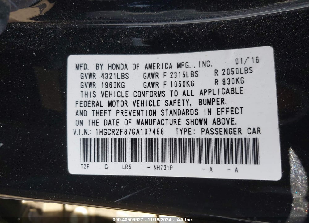 2016 HONDA ACCORD EX-L VIN: 1HGCR2F87GA107466