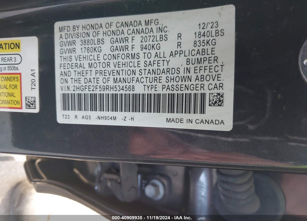 2024 HONDA CIVIC SPORT VIN: 2HGFE2F59RH534568