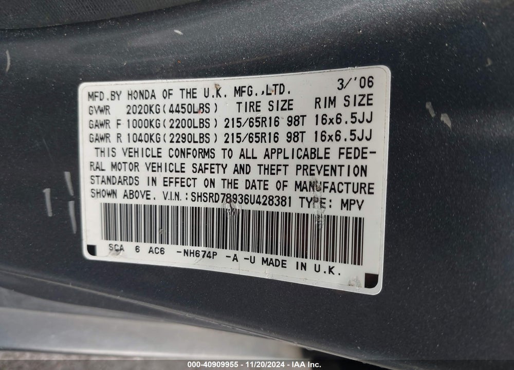2006 HONDA CR-V SE VIN: SHSRD78936U428381