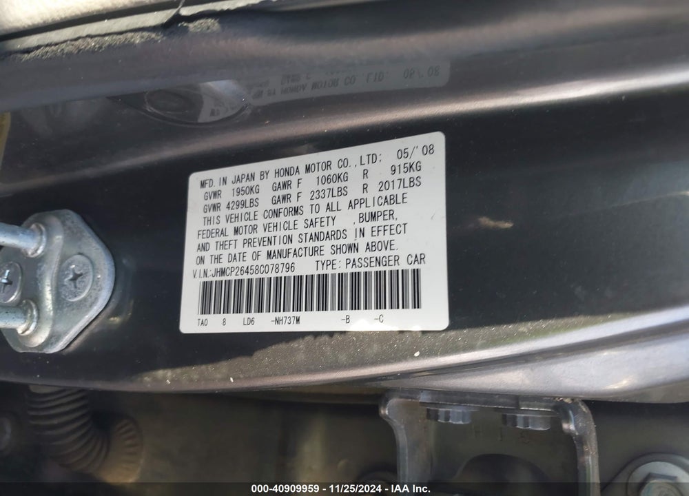 2008 HONDA ACCORD 2.4 LX-P VIN: JHMCP26458C078796