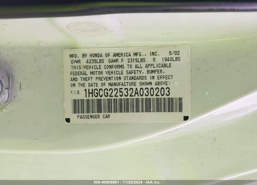 2002 HONDA ACCORD 3.0 EX VIN: 1HGCG22532A030203