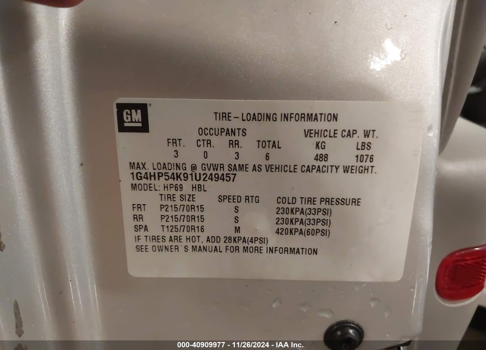 2001 BUICK LESABRE CUSTOM VIN: 1G4HP54K91U249457