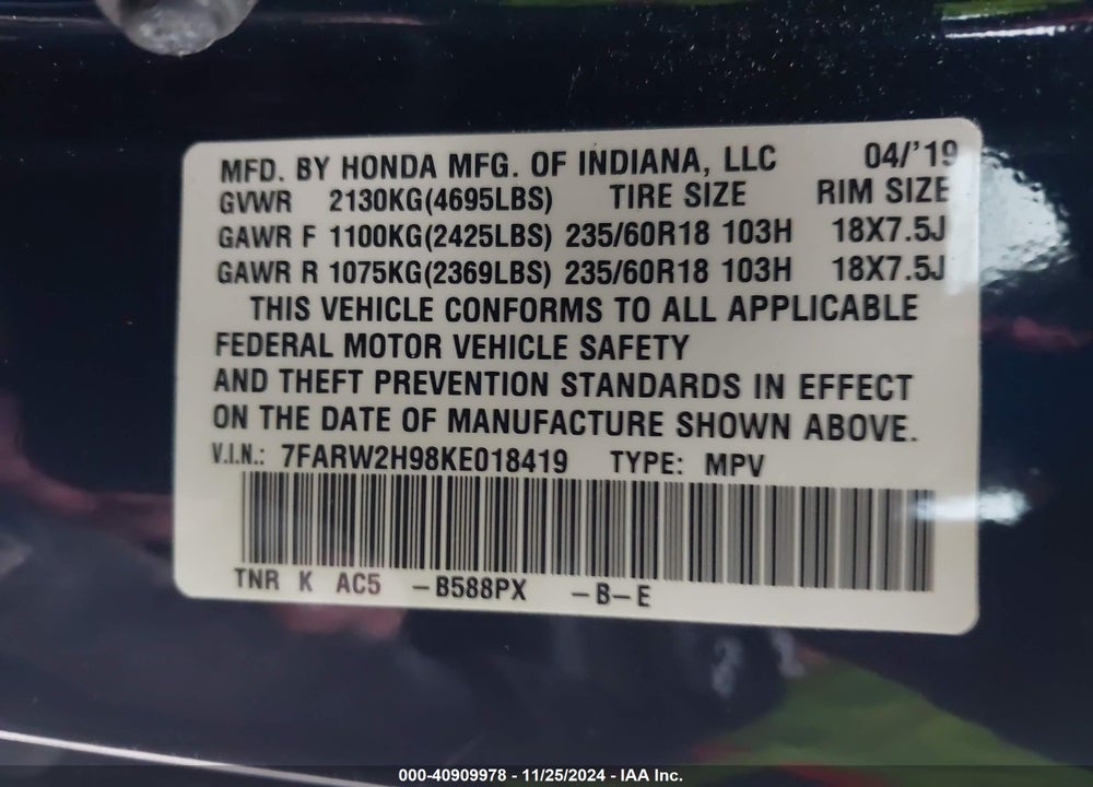 2019 HONDA CR-V TOURING VIN: 7FARW2H98KE018419