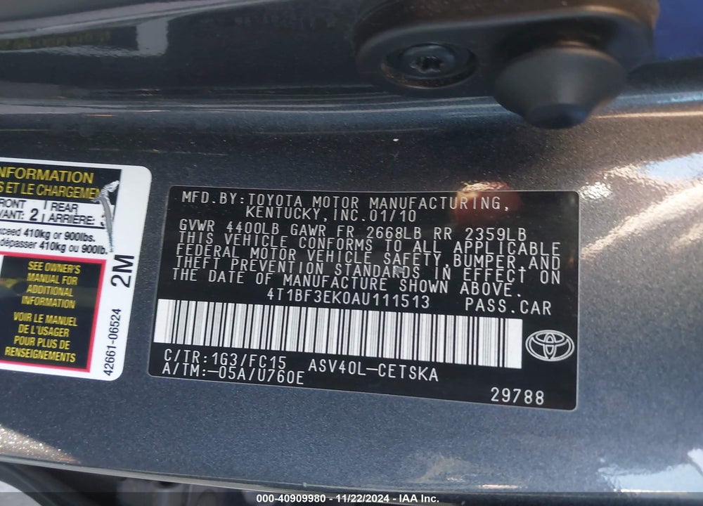 2010 TOYOTA CAMRY SE VIN: 4T1BF3EK0AU111513