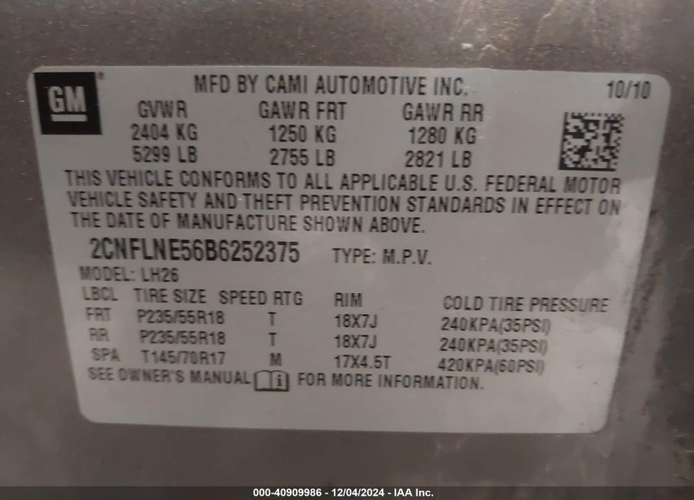 2011 CHEVROLET EQUINOX 2LT VIN: 2CNFLNE56B6252375