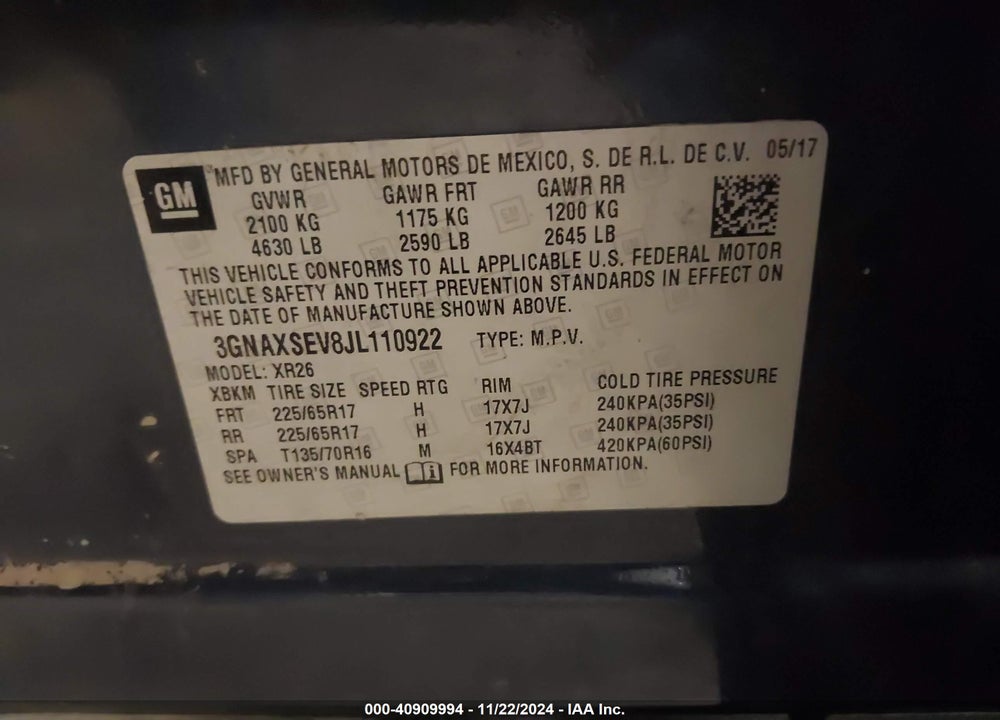 2018 CHEVROLET EQUINOX LT VIN: 3GNAXSEV8JL110922