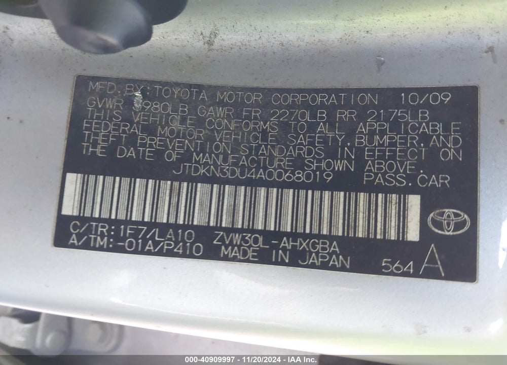 2010 TOYOTA PRIUS IV VIN: JTDKN3DU4A0068019