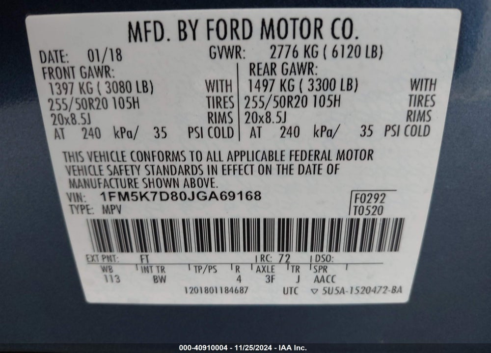 2018 FORD EXPLORER XLT VIN: 1FM5K7D80JGA69168