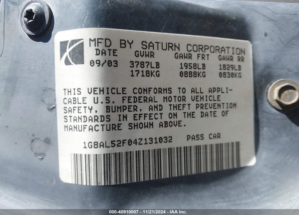 2004 SATURN ION 3 VIN: 1G8AL52F04Z131032