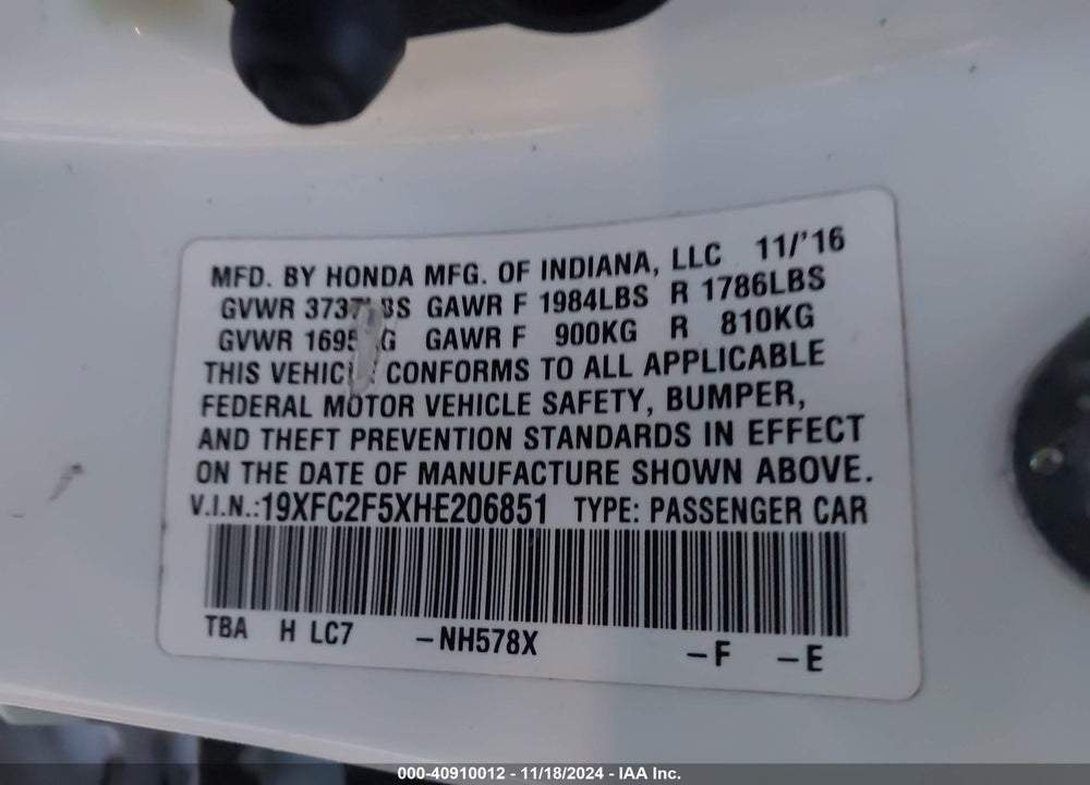 2017 HONDA CIVIC LX VIN: 19XFC2F5XHE206851