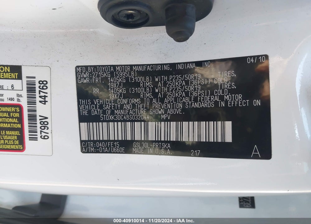 2011 TOYOTA SIENNA SPORT VIN: 5TDXK3DC4BS032044