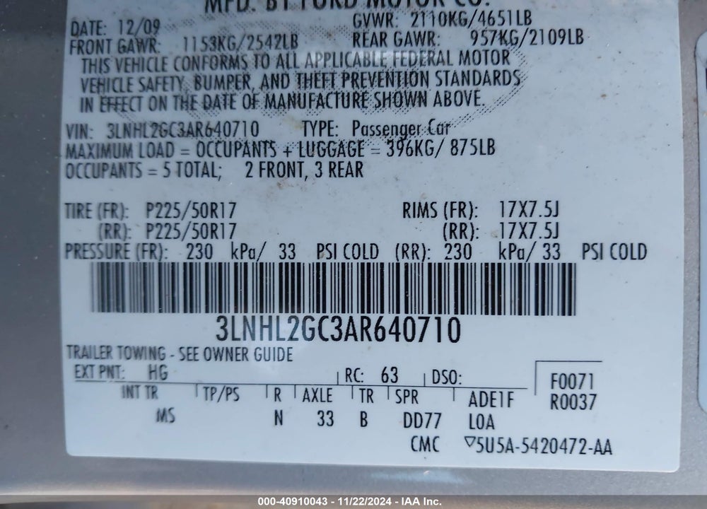 2010 LINCOLN MKZ VIN: 3LNHL2GC3AR640710