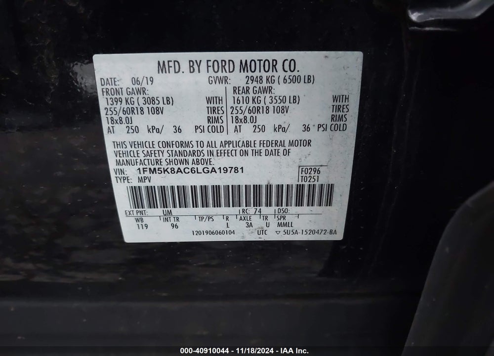 2020 FORD POLICE INTERCEPTOR UTILITY VIN: 1FM5K8AC6LGA19781