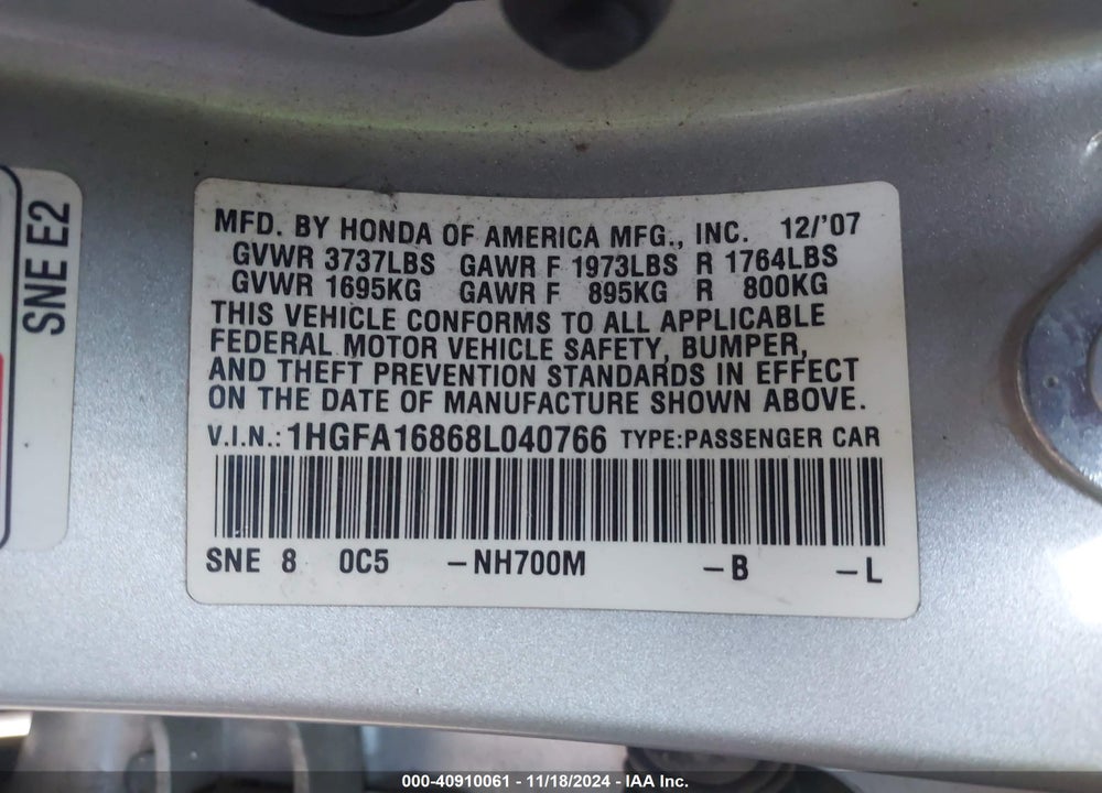2008 HONDA CIVIC EX VIN: 1HGFA16868L040766
